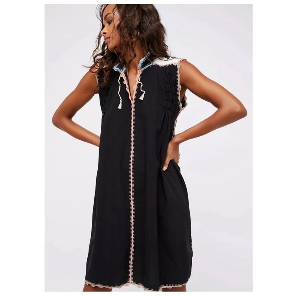 Carolina K Oaxacan Embroidered Mini Dress Women M Black Boho Crochet Trim Cotton